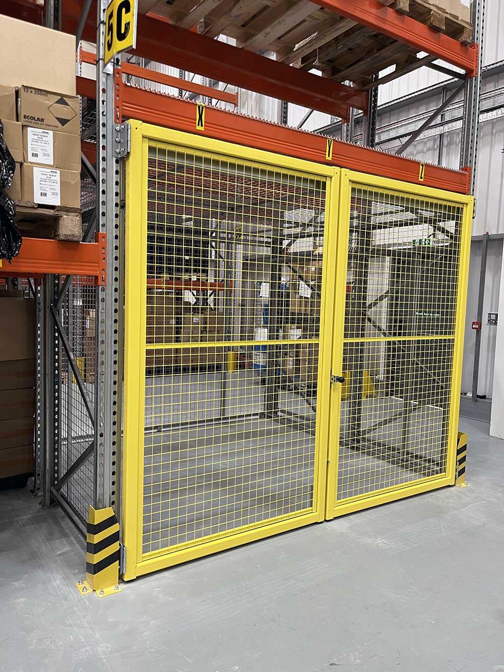 Quarantine racking on pallet racking with mesh security doors